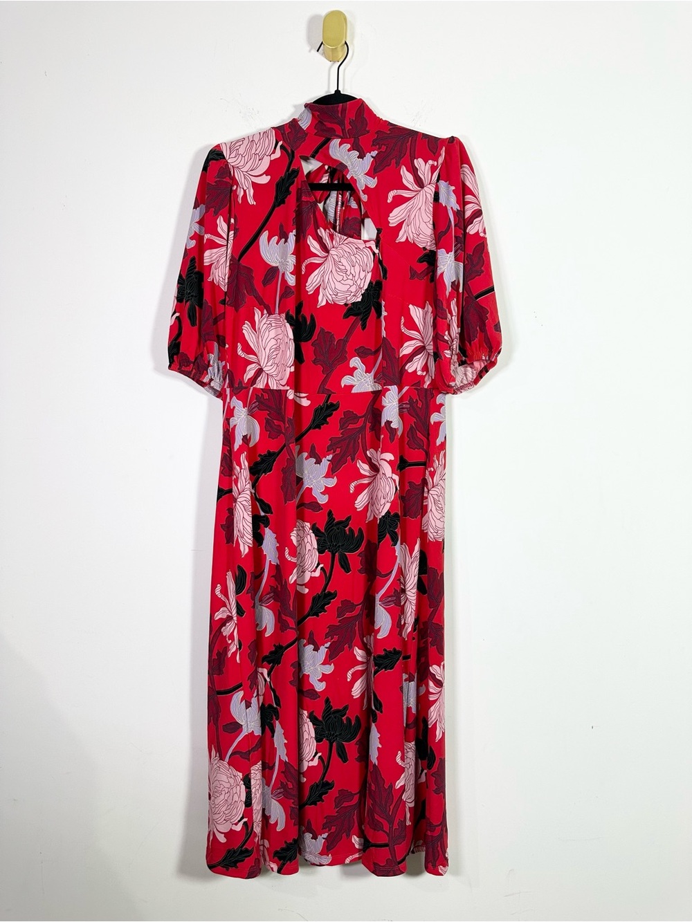 Eloquii Red Floral Puff Sleeve Cutout Midi Dress